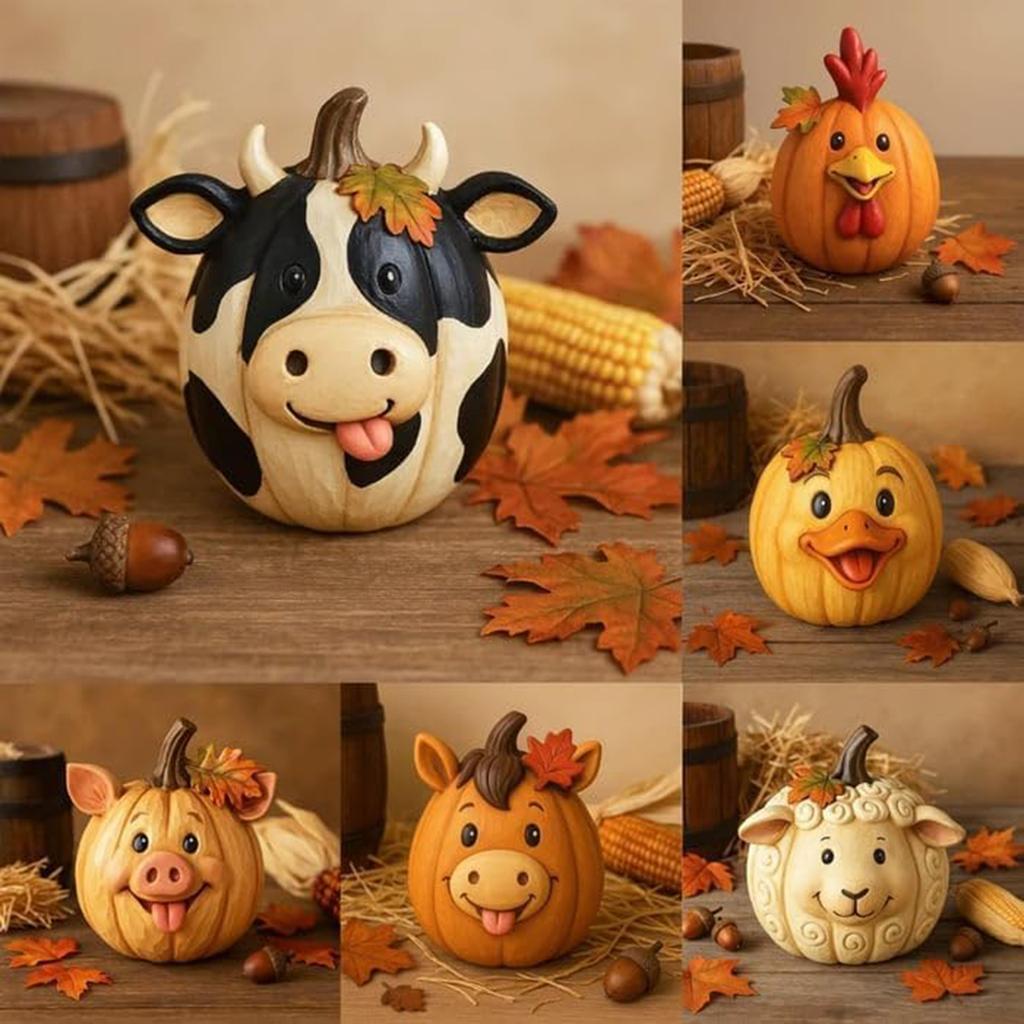 1Pc Funny Farm Animals Statue Farmhouse Pumpkin Figurines Pumpkin Table Ornaments for Autumn Halloween Thanksgiving Home Indoor