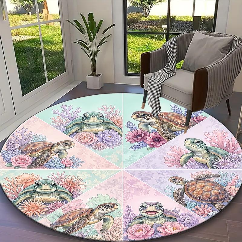 1pc Ancient Sea Turtles Rug, Comfortable Printed Home Round Carpet, Cozy Office Chair Rug