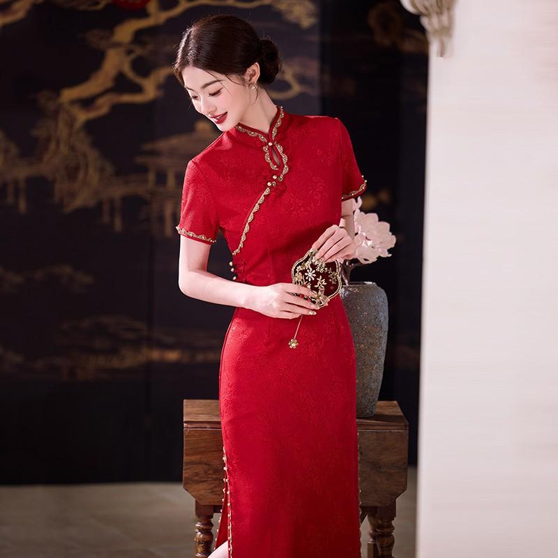 Modern Red Cheongsam Dress Women Vintage-Inspired Wedding Guest Outfit Short Sleeve Stand Collar Formal