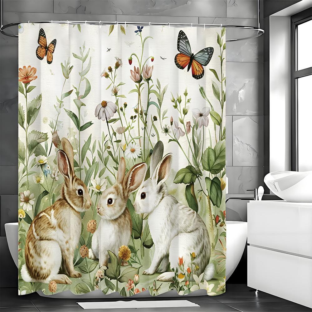 

Spring Cute Bunny Shower Curtain, Floral Butterfly Bathroom Decorative Shower Curtain, Waterproof Shower Curtain with Hooks 90*180cm