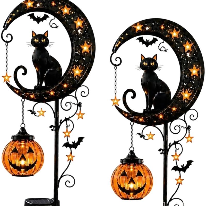 Fall Yard Stake Lights Solar Metal Set of 2 with Moon Shape and Hanging Light for Outdoor Lawn Entry Display Near Porch Zones Daily