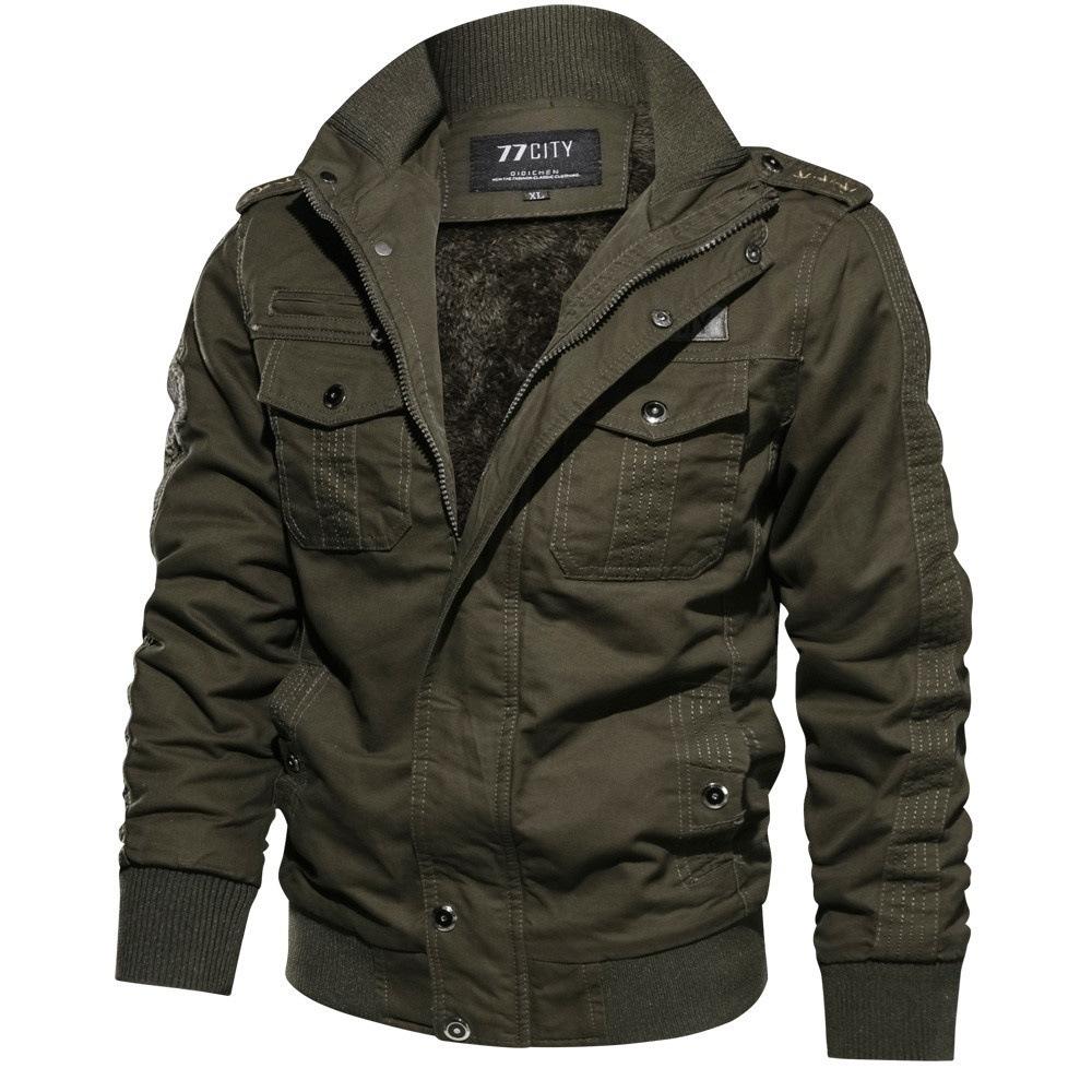 Men's Fleece Lined Cargo Jacket Stand Collar Multi Pocket Zip Up Winter Coat