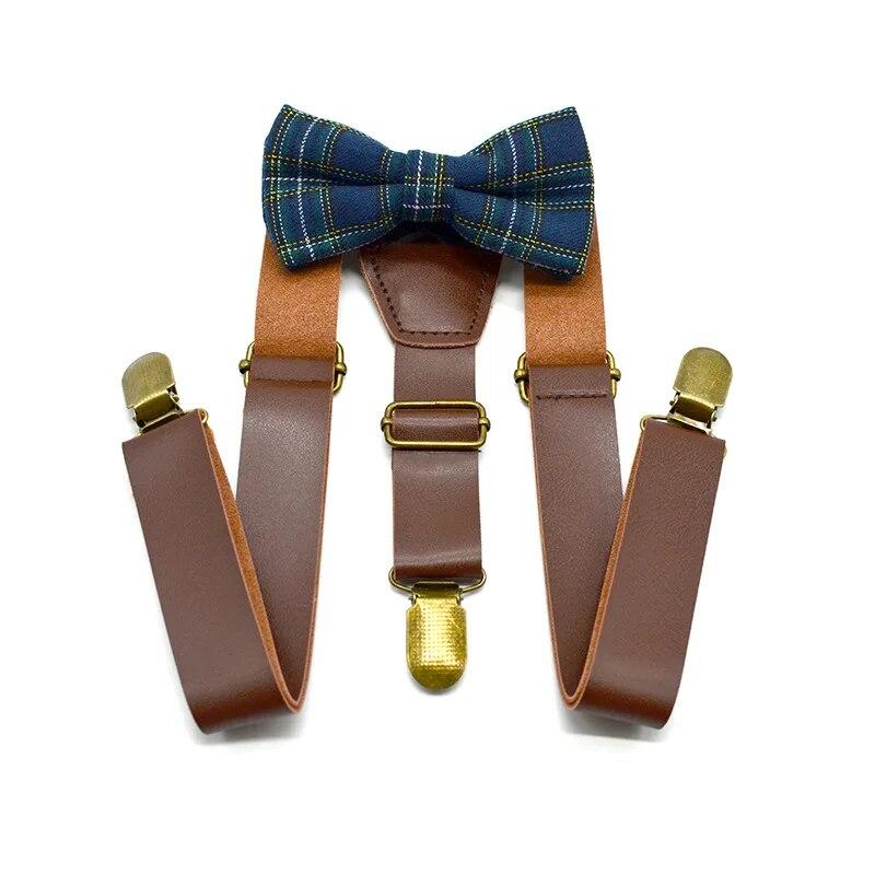 Children Bow-knot British Retro Style PU Leather Suspenders Clips Baby Kids Bow Tie Set Boys Adjustable Wedding Ties Accessories