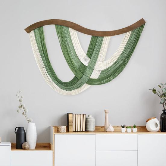 Handmade Bohemian Hanging Tapestry Gradient Green To White Cotton Woven Tassel Tapestry Living Room Bedroom Wall Art Decoration