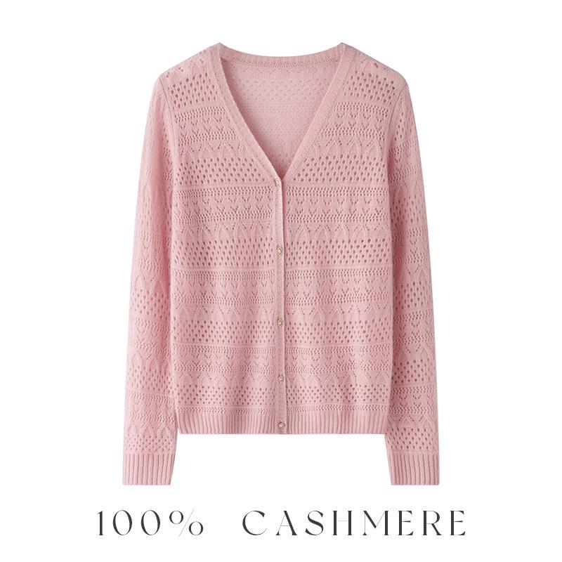 Elegant Women's Cashmere V-neck Cardigan with Hollow Out Design for Autumn/Winter