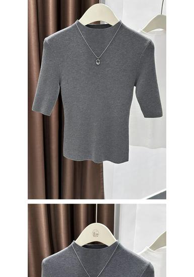 Women's Navy Blue Mid-Sleeve Sweater - Elegant High-End Knit Top with Stand Collar