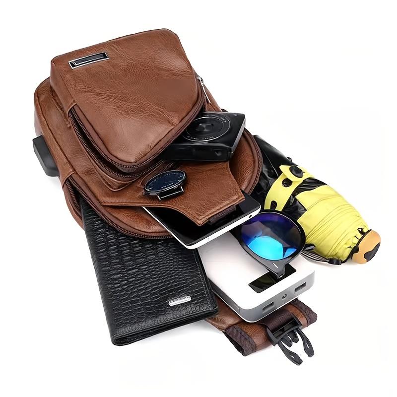 1pc Men's PU Leather Crossbody Bag, Retro Casual Large Capacity Multi-Layer Chest Bag for Daily Commute, Zipper Closure