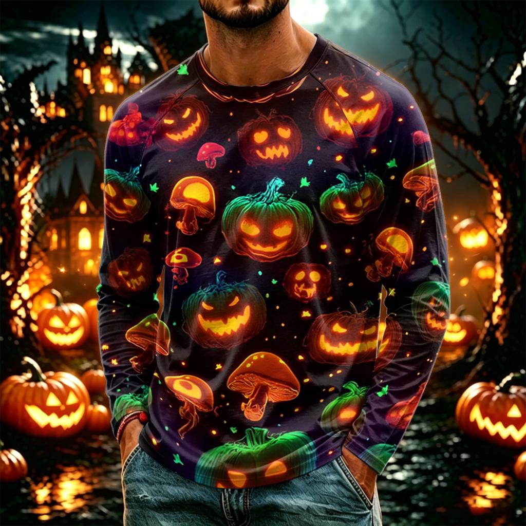 Men's Halloween Printed Long Sleeve T-Shirt, Lightweight Casual Crewneck Top