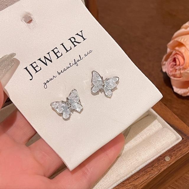 Cercei Butterfly Gradient Blue Silver Earrings for Women, Imitation Crystal, 1.1x1.2cm Fashion Jewelry