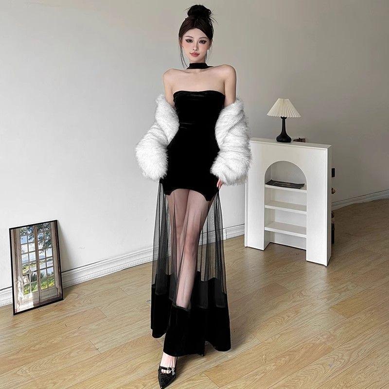 2026 Spice Girl Mesh Design Sense Solid Color Velvet Dress Women's Pure Birthday Party Dress Skinny Dress
