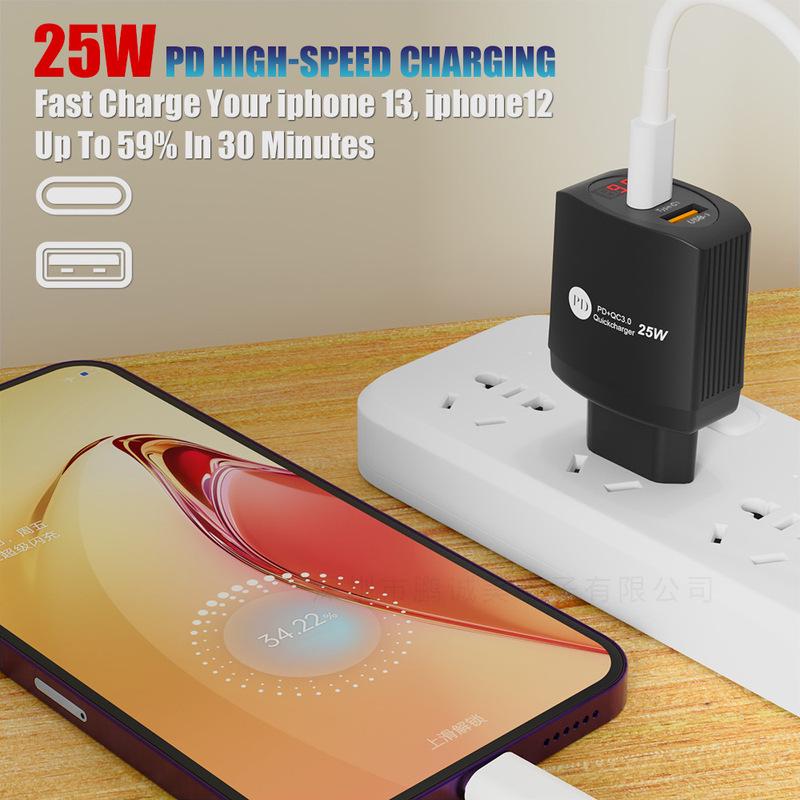 25W PD+QC3.0 Fast Charger with Digital Display - EU/US/UK Plug