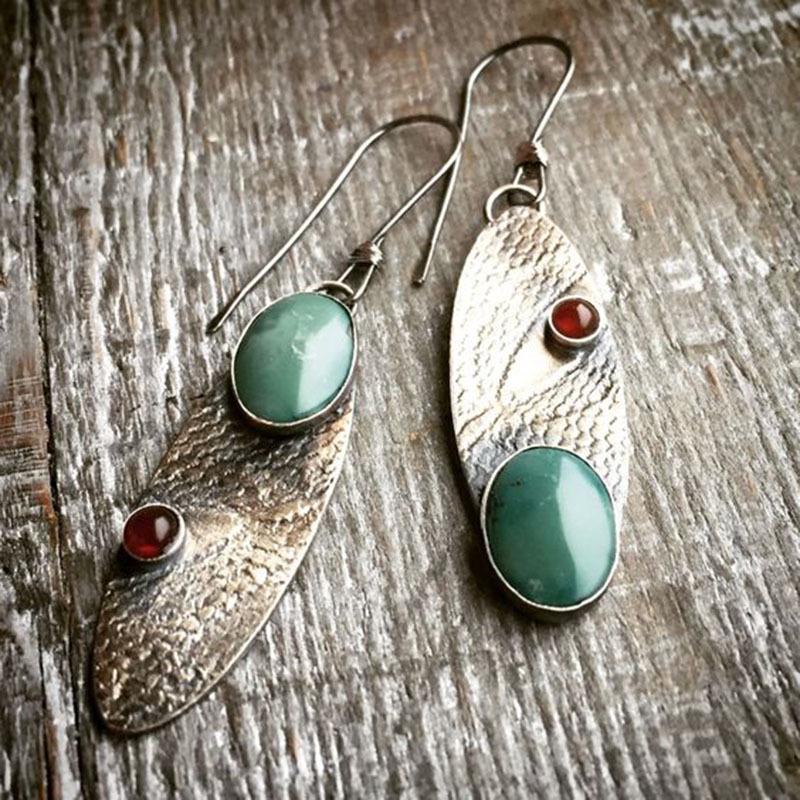 Vintage Asymmetrical Turquoise Inlaid Silver Earrings - Luxurious Ethnic Style for Women