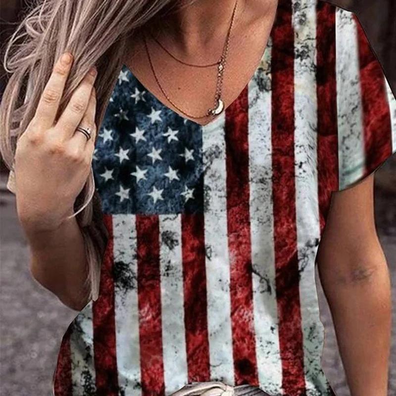Summer V-neck 3D American Flag Printed Top Fashionable Casual Short Sleeved Women's T-shirts