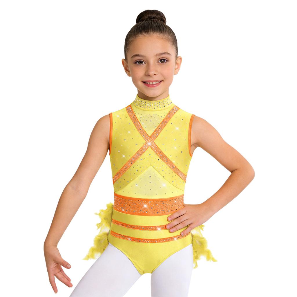 Collant de Dança Feminino Sem Mangas Patchwork de Renda Recorte de Pena nas Costas Brilhantes Strass Color Block