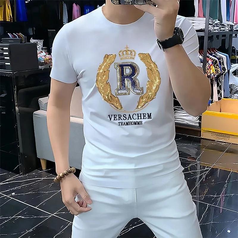 T-shirt Men's New Summer 2023 Short Sleeve Letter Crown Sequin Embroidery O-Neck Slim Red Top Luxurious Trend Party Man Clothing