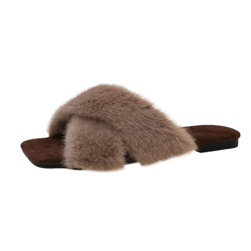 Fashion Square Toe Women Flats Fur Slippers Designer Elegant Shoes 2025 Winter New Flip Flops Fashion Casual Sandals Dress Zapatos Mujer