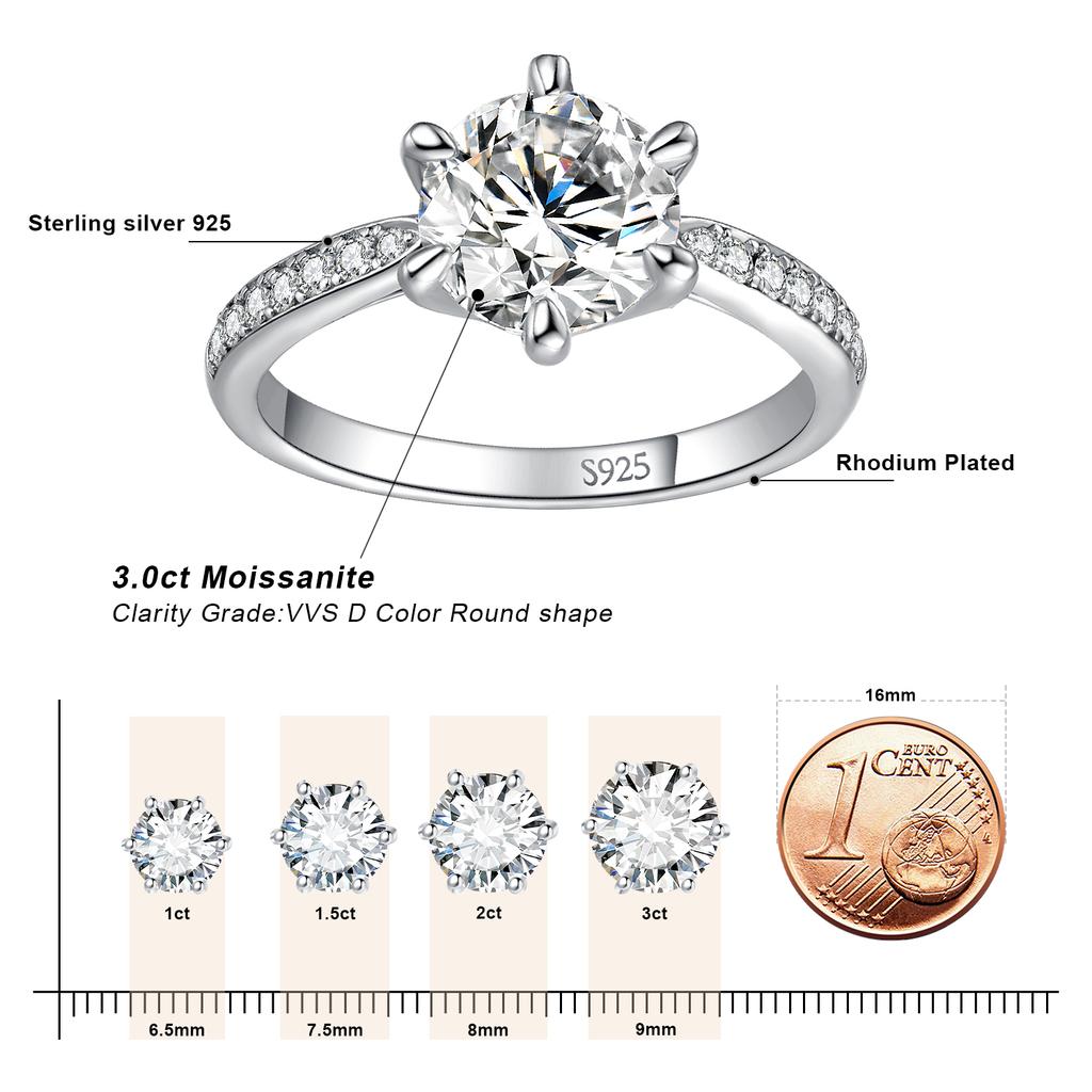 JewelryPalace Moissanite D 0.5ct 1ct 1.5ct 2ct 3ct Round S925 Silver Wedding Engagement Ring for Women