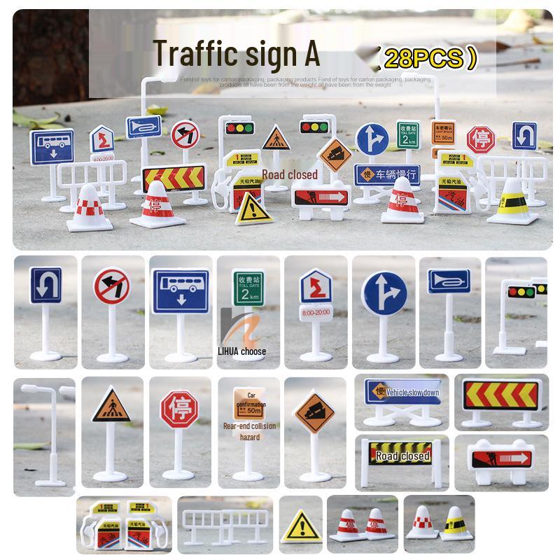 Children's DIY Model Parking Scene with 28-Piece Road Signs and Traffic Signposts Set, Including Free Gifts.