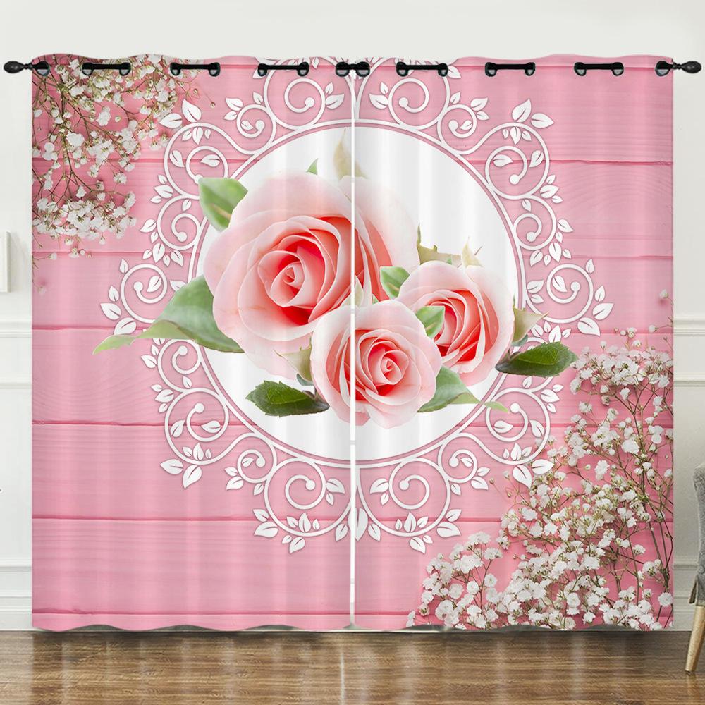 Curtain Flower Rose Simple 3D Digital Printing Blackout Curtain Punching