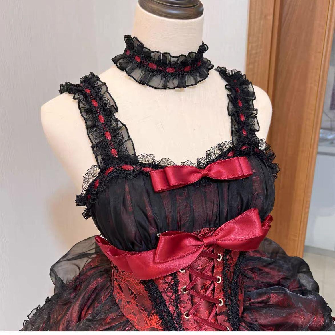 In-Stock Rose Butler Black & Red Strappy Lolita JSK Dress - Cute Two-Dimensional Sweet & Spicy Cosplay Outfit XS