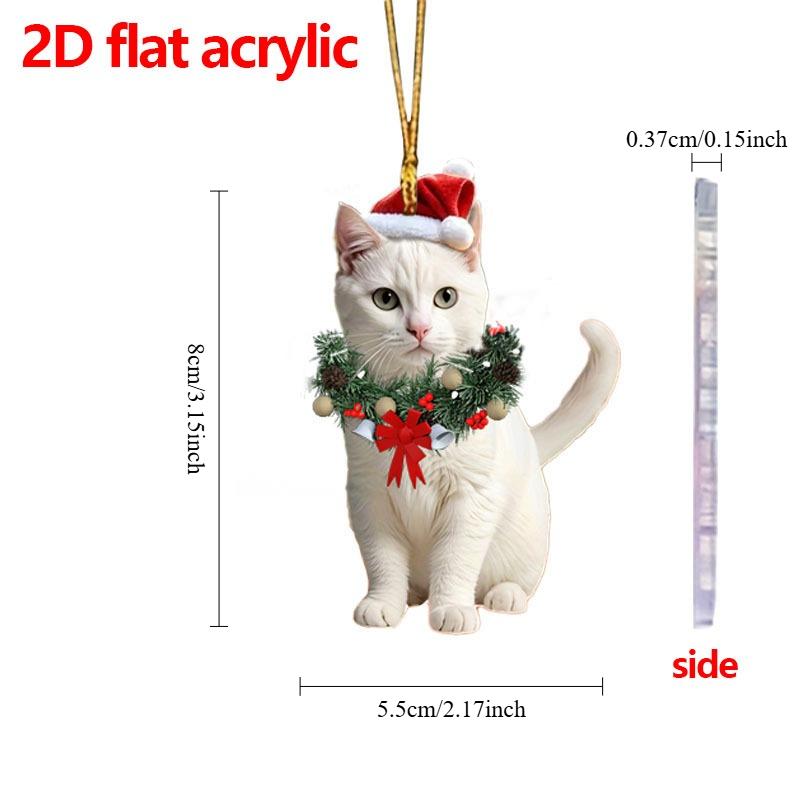 2D Flat Acrylic Christmas Ornament,Cute Cat with Santa Hat & Wreath,Kitten Pendant Keychain,Decor for Car,Bags,Festive,Home,Gift