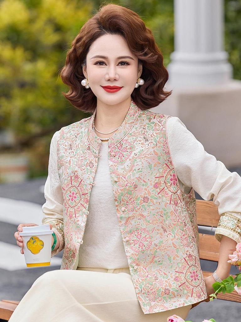 Spring Chinese Style Sleeveless Vest for Petite Middle-aged and Elderly Women
