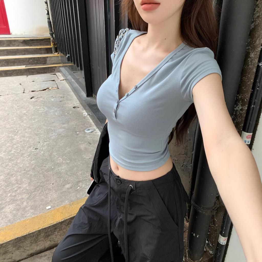 Pure desire temperament semi-open neck short-sleeved T-shirt women's clothing summer age reduction waist short with student top
