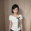 Gram Cotton, Polka Dot Shoulder Short-sleeved T-shirt Women's Summer Bow Design Sense Slim-fitting Short Korean Top