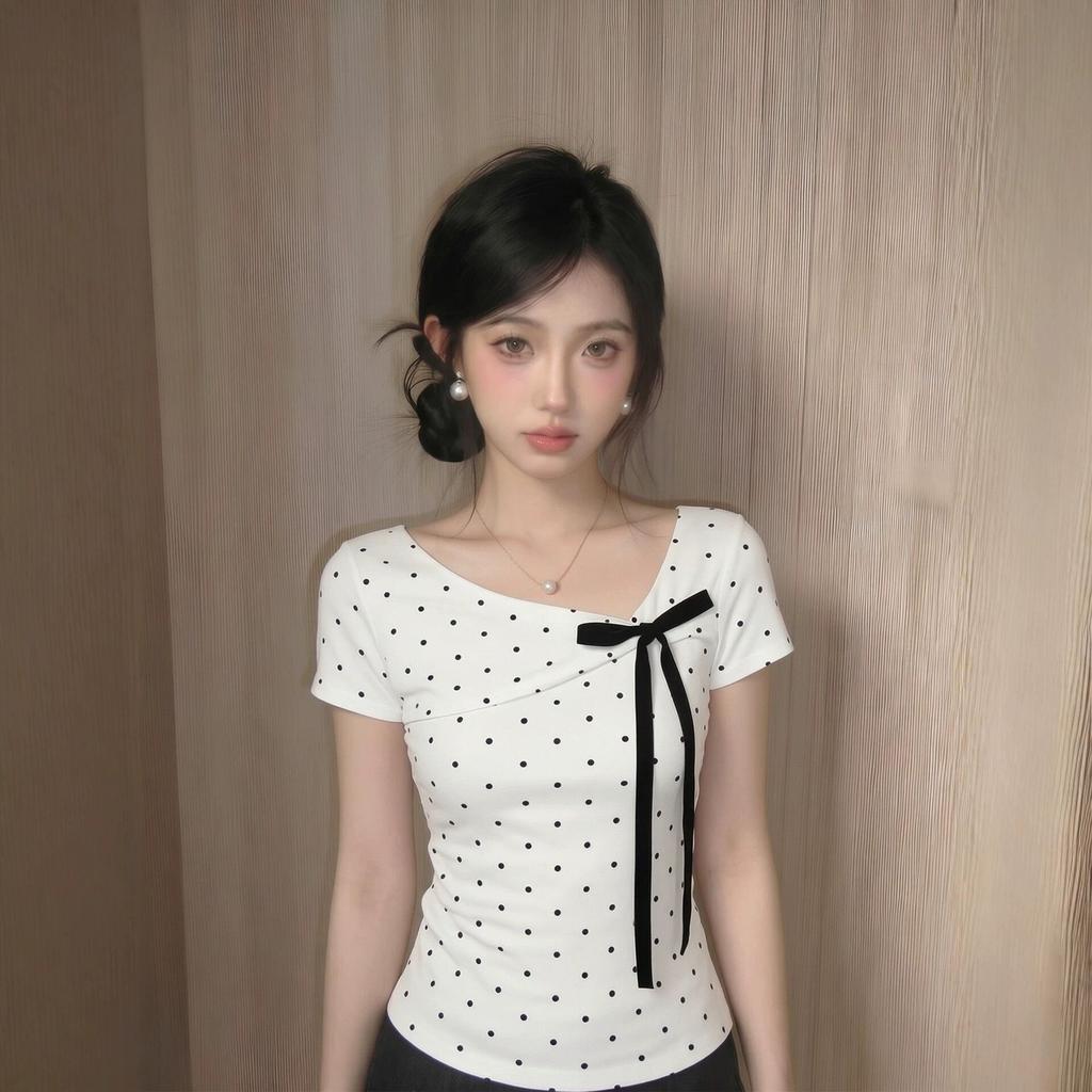 Gram Cotton, Polka Dot Shoulder Short-sleeved T-shirt Women's Summer Bow Design Sense Slim-fitting Short Korean Top