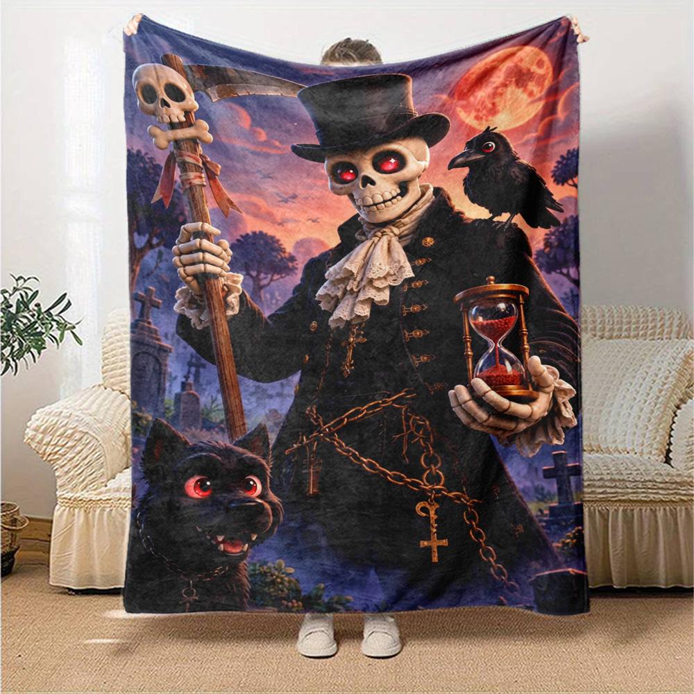Grim Reaper Skeleton Top Hat Scythe Graveyard Red Moon Print Flannel Throw Blanket Soft Warm Blanket for Sofa Bed Home Decor