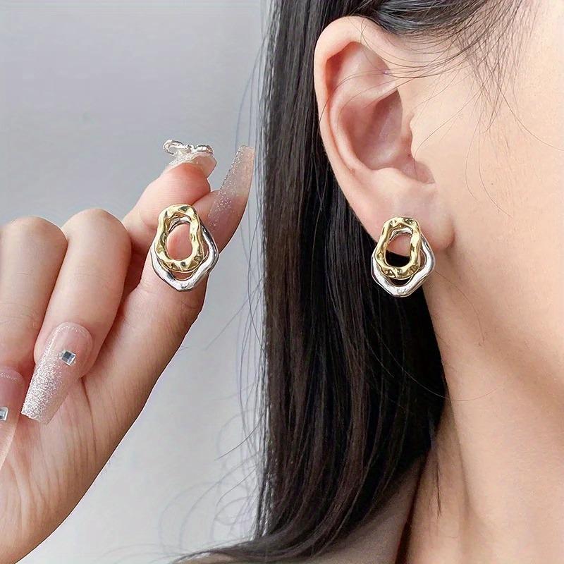 1PAIR Double Layer Irregular Geometric Pattern Copper Earrings, Uneven Surface Fashion Gold and Silver Jewelry Gift