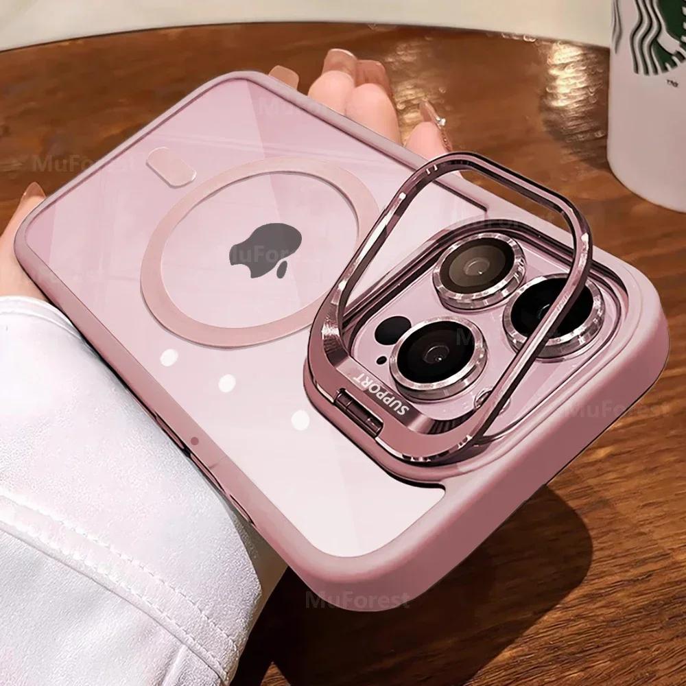 Průhledné kryty pro iPhone 16 15 14 13 12 11 Pro Max Plus Pro Magsafe Magnetický vyklápěcí kryt Stojánek Ochranný kryt objektivu z tvrzeného skla