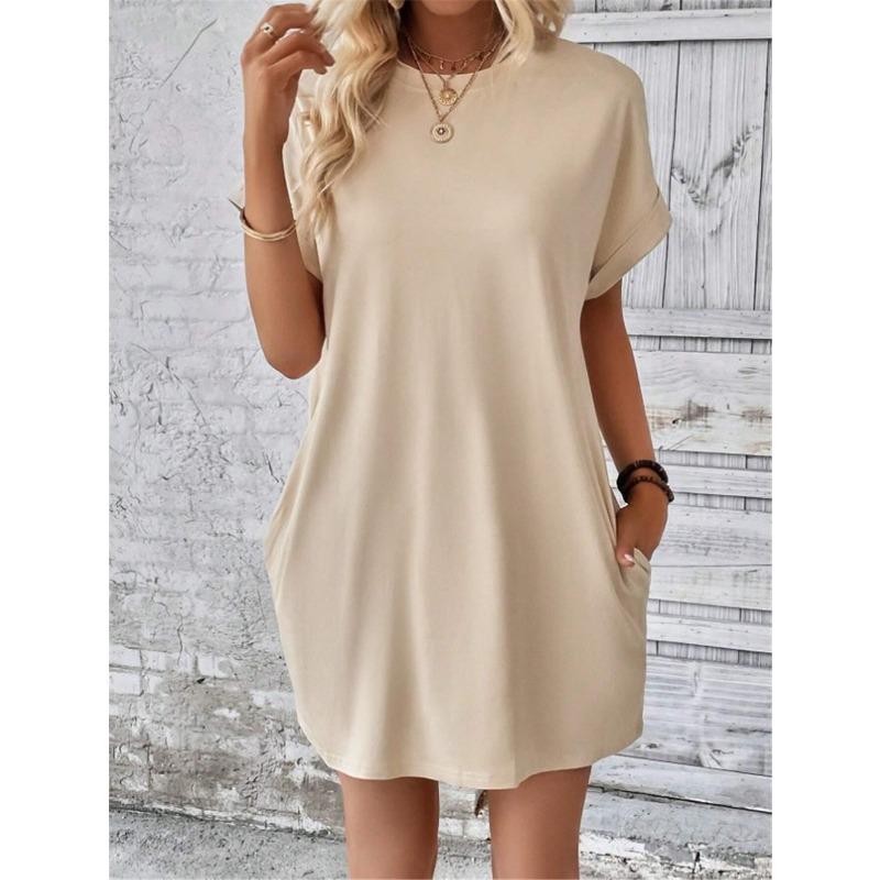 Women Casual Solid Color Round Neck Bat Sleeve Invisible Pocket Loose Short Sleeved Dress