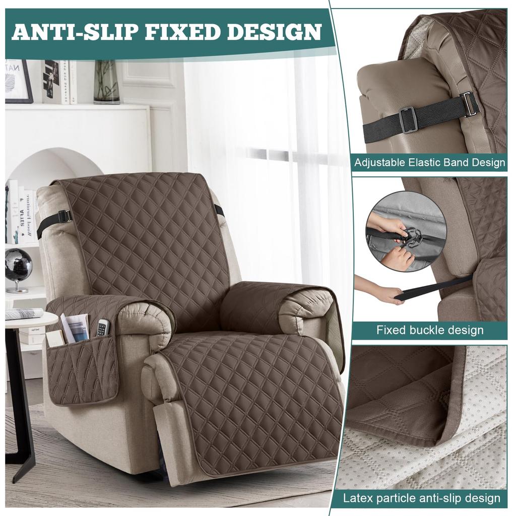 Waterproof Recliner Chair Cover 28 Inches Non Slip Elastic Straps   Machine Washable Seat Protection for Kids Dogs Pets  Dark coffee