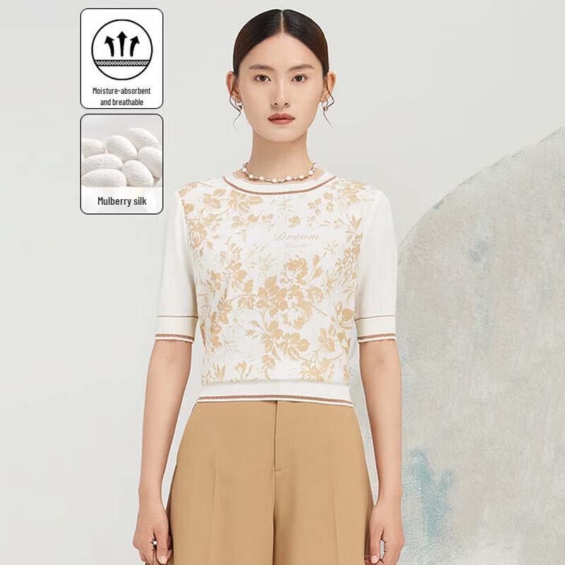 JESSIE Women s Floral Jacquard Mulberry Silk Short-Sleeve Blouse XL