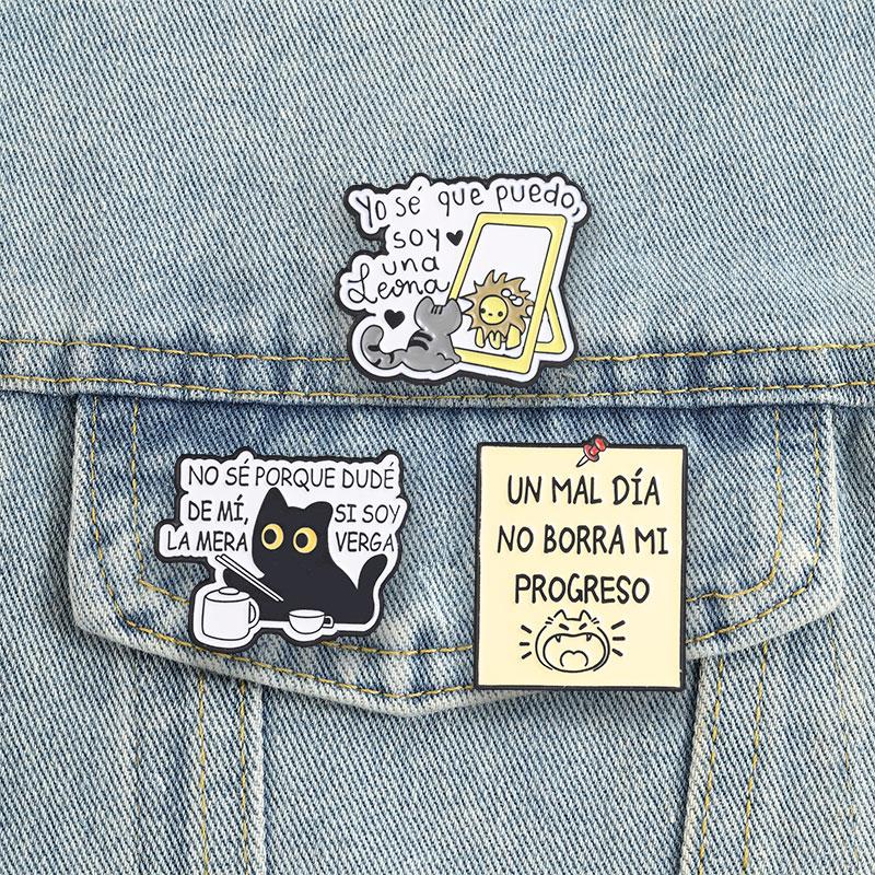 Latin Motivational Slogan Enamel Pins Black Cat Mirror Lion Brooches Cartoon Lapel Badges Spanish Self Love Quotes Jewelry Gift