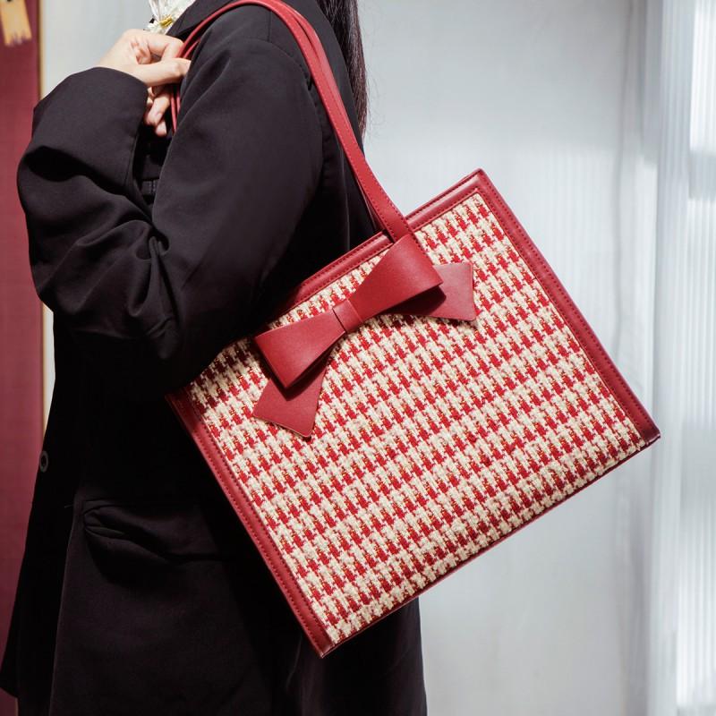 Red Bag 2025 New Wedding Women's Houndstooth High-quality Large-capacity Single-shoulder Tote Bride's