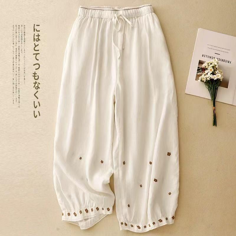 

2026 Women s Retro Embroidered Elastic Waist Loose Cropped Pants M (85-105 jin) брудно-білий