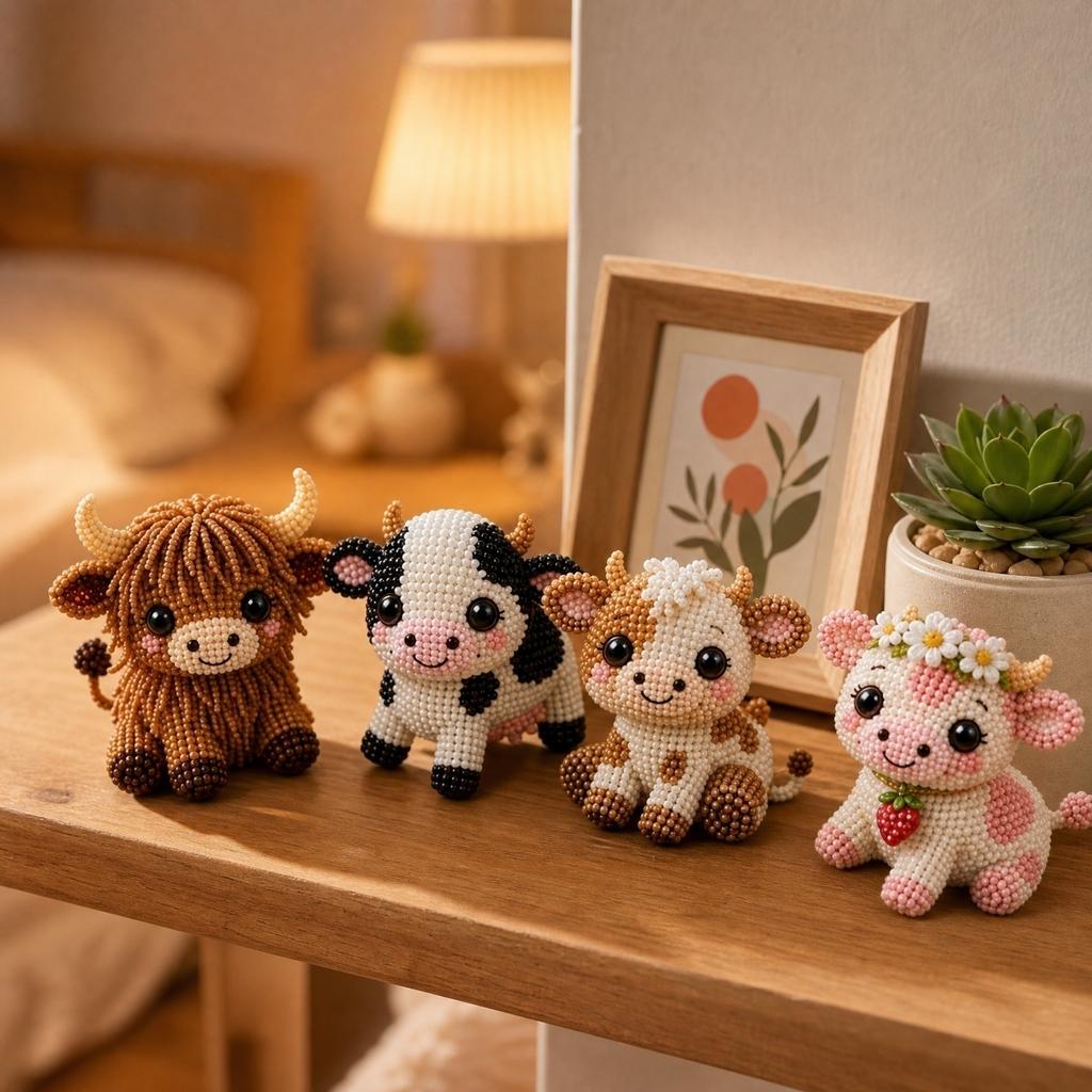 3D Beaded Cow DIY Kit Four Piece Animal Beading Craft Set Handmade Beadwork Kit for Beginners and Adults Step by Step Instructions Included