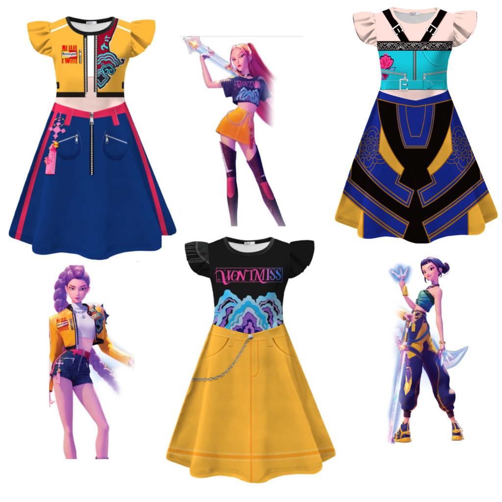 Kpop Demon Hunters Girl Dress With Cartoon Pleated Fabric For Children 110-160cm