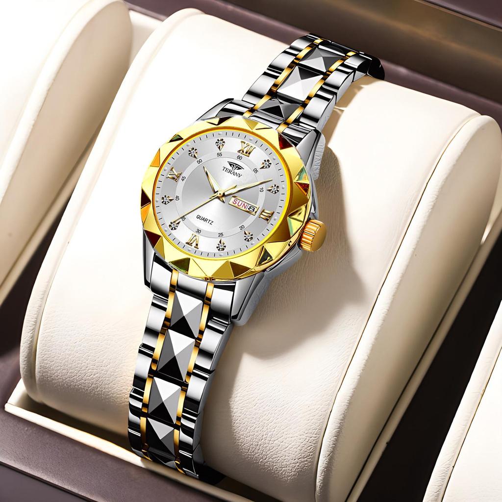 Women's Luminous Diamond Pattern Waterproof Quartz Watch with Double Calendar and Solid Band.