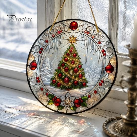 Retro Christmas Tree Hanging Pendant Stained Glass Style Acrylic Window Hanging, Snow Scene Indoor Xmas Party Decorations Suncatcher, Door Home Decor