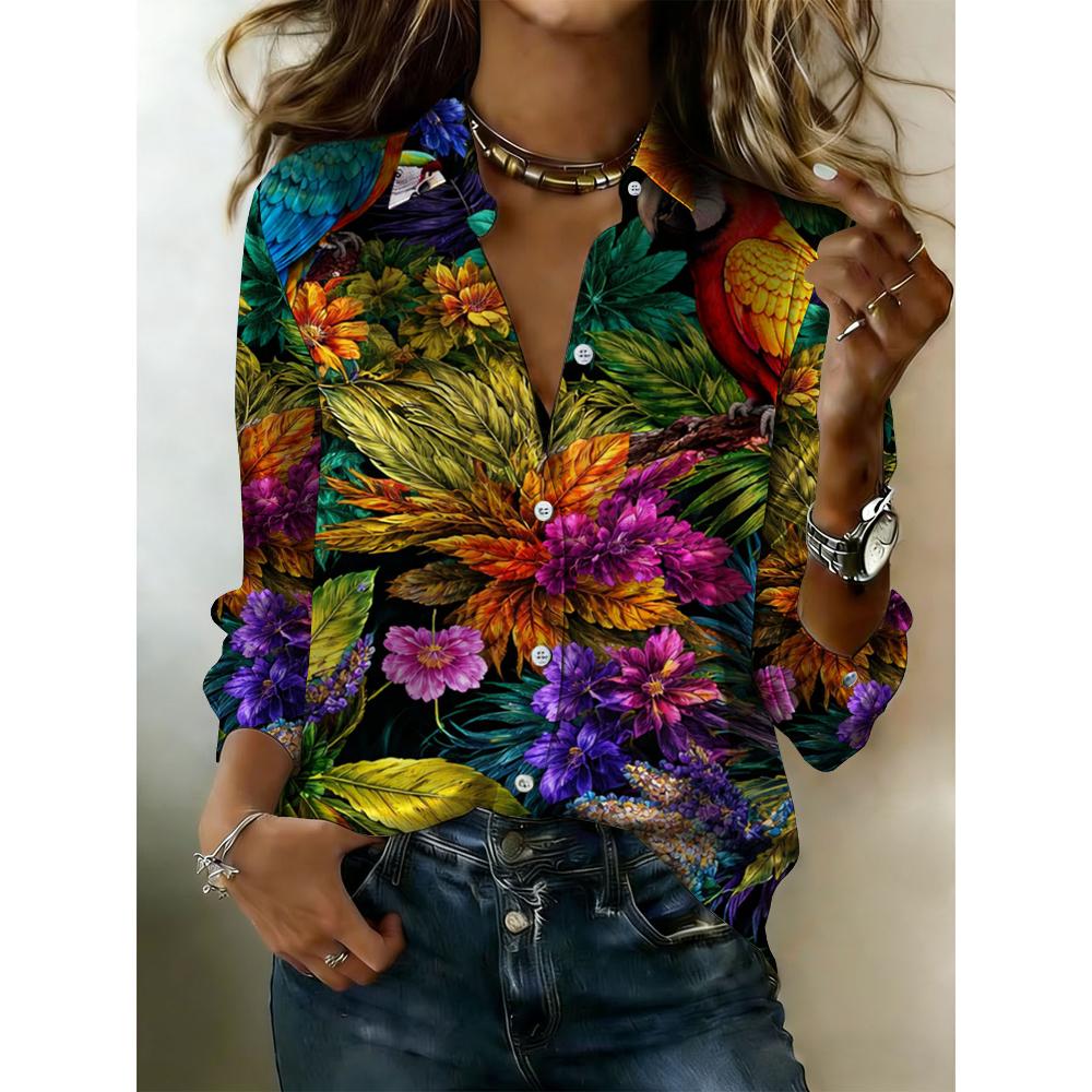 Women's shirt, featuring a vibrant tropical floral design, with long sleeves and button closure, is perfect for beach vacations and casual outings.