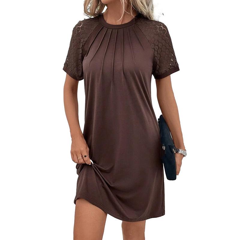 

2025 Women s European & American Fashion Lace Short-Sleeved Dress with Knee-Length Skirt XXL коричневий