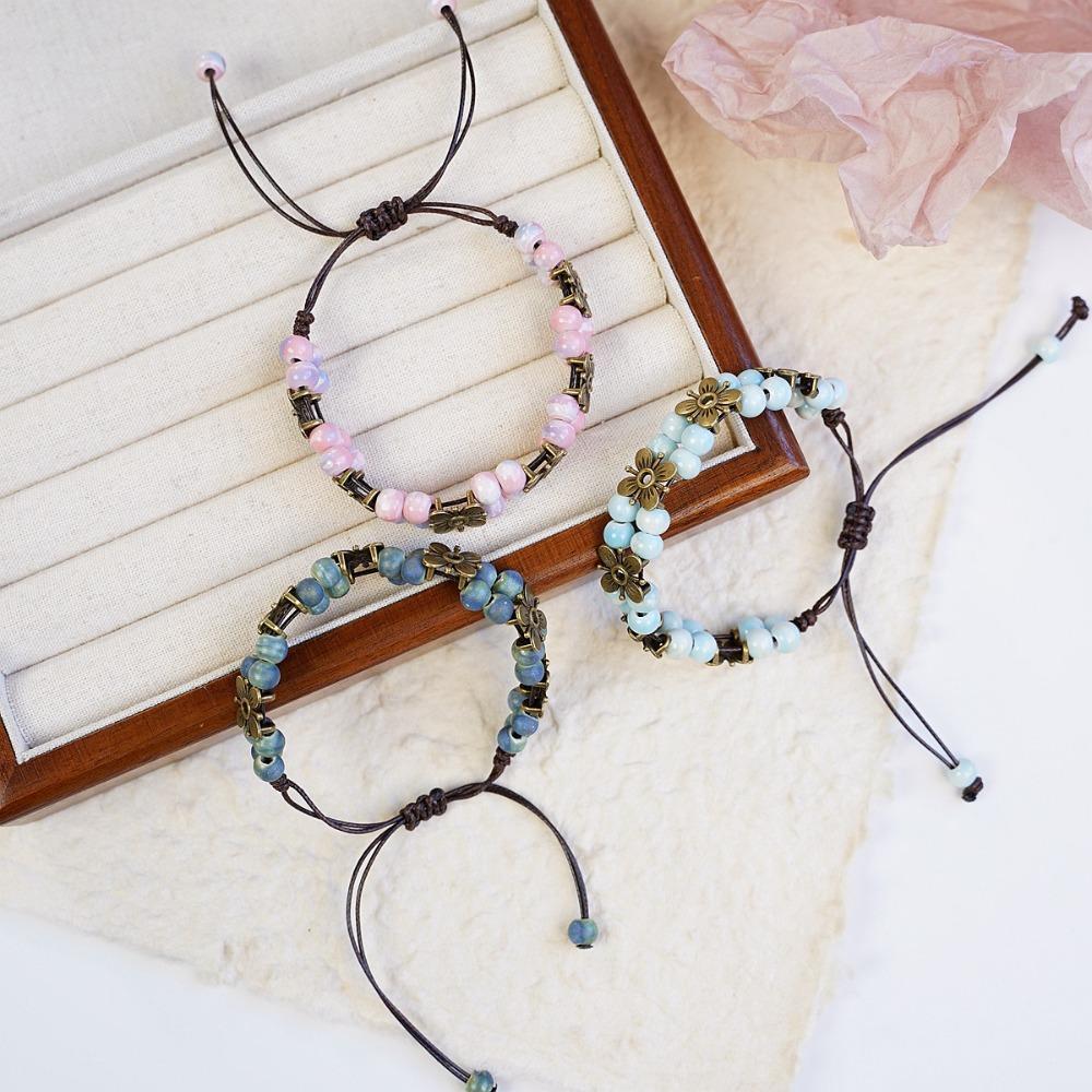 Cute Trendy Four-leaf Flower Double Layer Beaded Ceramic Bracelet for Women Charm  Adjustable Handmade Rope Weaving Jewelry Gift