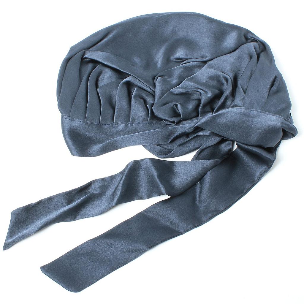 [BASIQUENTI] 100% Silk Night Cap – Silk Ribbon Cap, Women’s Free Size, Navy