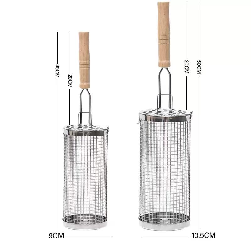 Panier à grillades roulant(2PCS) Manche en bois amovible Acier inoxydable 304, Outils accessoires pour barbecue pour légumes viande nourriture Camping en plein air Barbecue