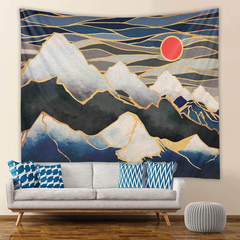 Abstract Mountain Geometric Print Tapestry Ins Sun Forest Landscape Wall Hanging Tapestry Home Bedroom Living Room Decoration
