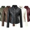 Womens Slim Fit PU Leather Jacket Stand Collar Long Sleeve Casual Streetwear Commute