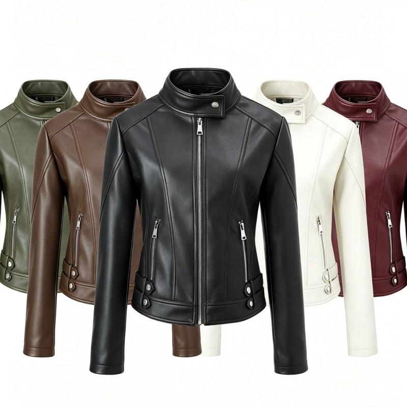 Womens Slim Fit PU Leather Jacket Stand Collar Long Sleeve Casual Streetwear Commute